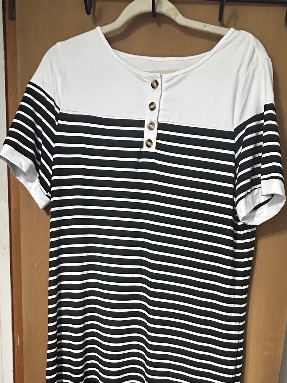 Striped Short Sleeve Knit Dress with Button Placket - Black & White with slits
